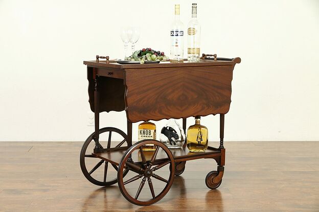 Bar Cart, Antique Mahogany Dessert or Beverage Trolley, Signed 1918 #30797 photo