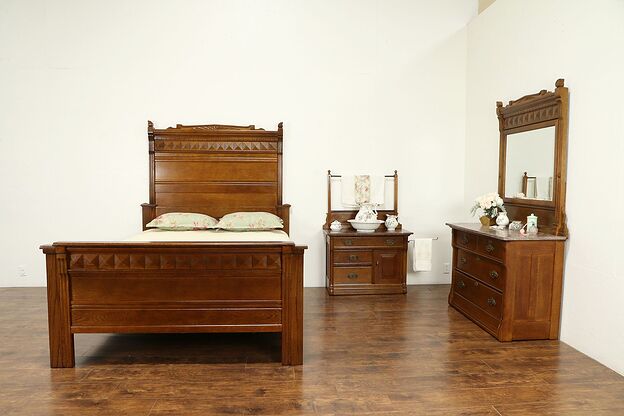 Victorian Antique Oak 3 Pc Bedroom Set, Queen Size Bed #30824 photo