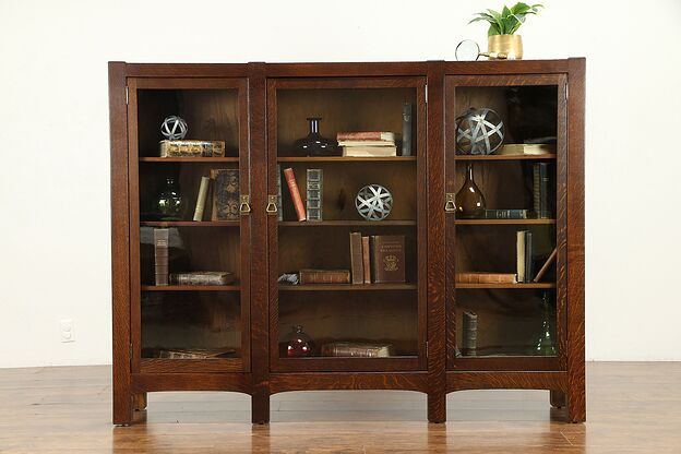 Arts & Crafts Mission Oak Antique Triple Craftsman Library Bookcase #31222 photo