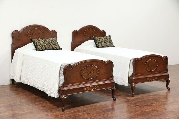 Pair Twin or Single 1930's Vintage Beds, Walnut, Burl & Hand Painting #29823 photo