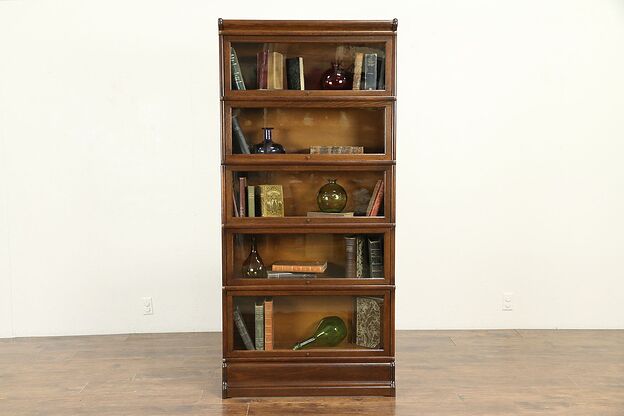 Oak Antique 5 Stack Lawyer Bookcase, Signed Globe, Wavy Glass, 70" Tall #30792 photo