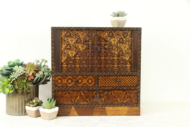 Japanese Antique Jewelry Chest, Mt. Fuji Marquetry, Rolltop Door #31013 photo