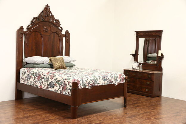 Victorian 1860's Antique Carved Walnut Queen Size Bed photo