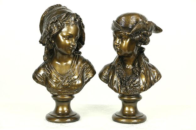 Pair 18th Century Style Bronze Toned Vintage Sculptures of a Boy & Girl photo