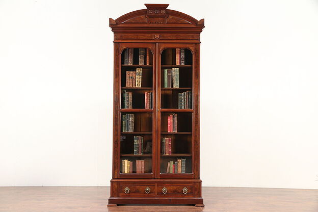 Victorian Antique Walnut & Burl Library Bookcase, Wavy Glass Doors #29734 photo