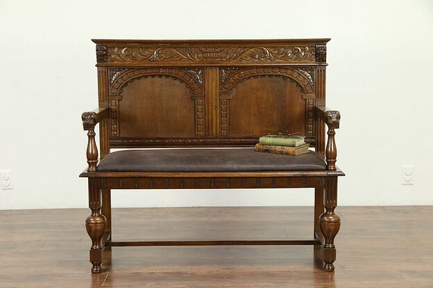 Oak Antique Dutch Hall Bench, Leather Seat, Carved Lion Heads #30687 photo