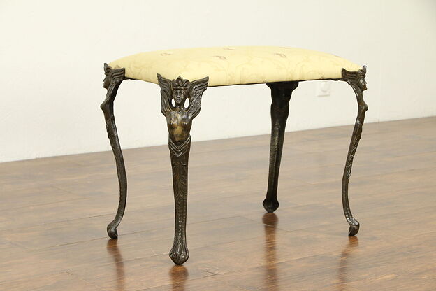 Iron Antique Bench, Angel Legs, New Upholstery, Signed Verona #32004 photo