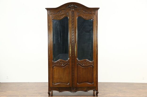 French Antique 1890 Hand Carved Oak Armoire or Wardrobe, Beveled Mirrors photo