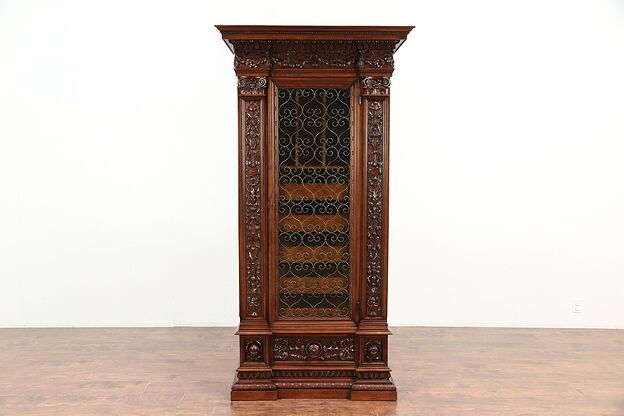 Italian Antique Armoire, Library File Cabinet, Iron & Stained Glass Door #30016 photo