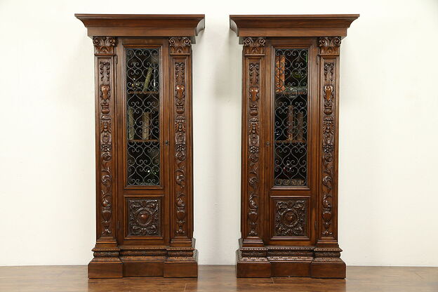 Pair of Italian Antique Bookcases, Lion & Dolphin Heads, Iron Grill Doors #30858 photo