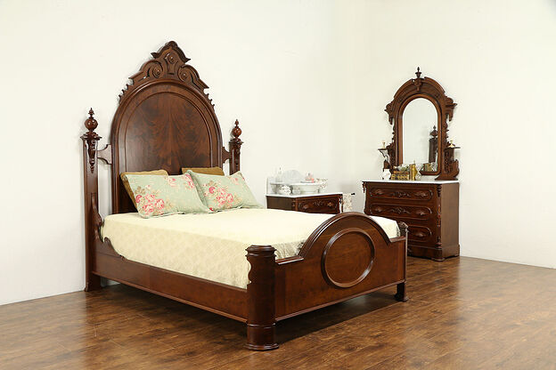 Victorian Antique Cherry & Mahogany Queen Size Bedroom Set, Marble Chests #31709 photo