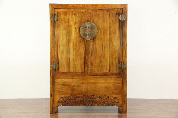 Chinese Antique Armoire or Cabinet, Hand Carved, Original Brass Hardware photo
