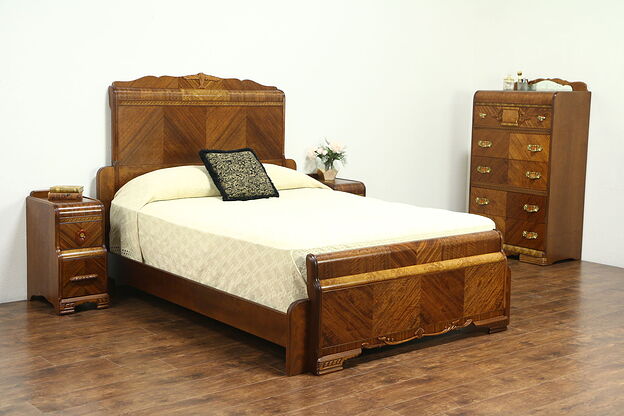 Waterfall Art Deco Vintage Bedroom Set, Queen Size Bed, Chest, 2 Nightstands photo