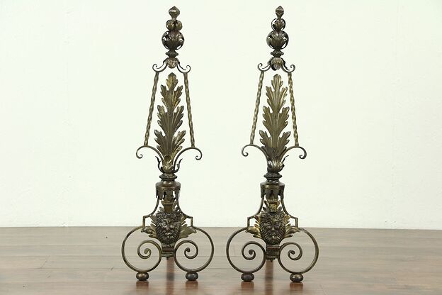 Pair of Wrought Iron Antique Fireplace Andirons, Leaf Design photo