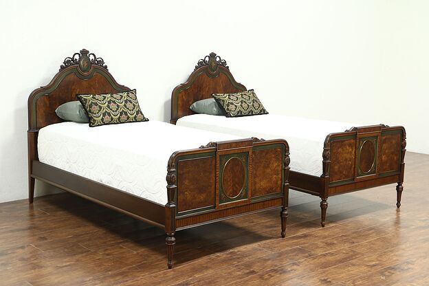 Pair of Antique Twin Beds, Walnut with Hand Painting, signed Berkey & Gay #28576 photo