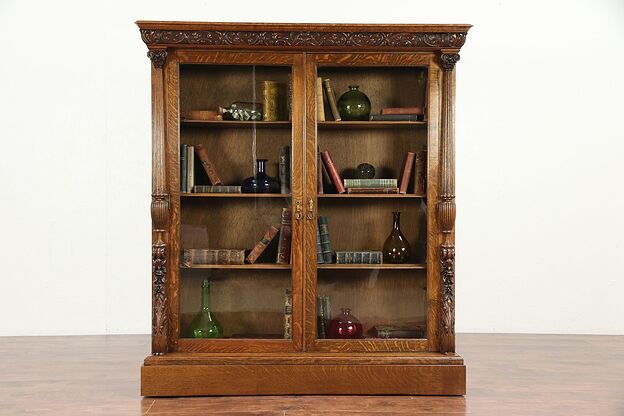 Oak Carved Antique 1895 Library Bookcase, Columns, Wavy Glass Doors #29963 photo