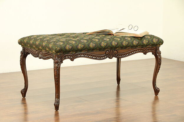 Carved Walnut Antique Bench, Recent Upholstery #30395 photo