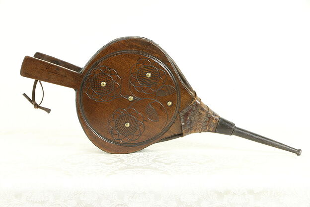 Carved Maple & Leather Antique Fireplace Bellows, Iron Tip #31111 photo