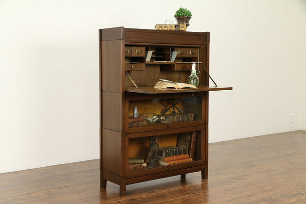 Oak Antique Craftsman Stacking 2 Section Bookcase & Desk #32027 photo