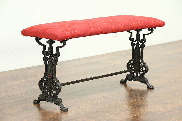 Cast Iron 1915 Antique Bench, Lion Paw Feet & Shield, New Upholstery photo