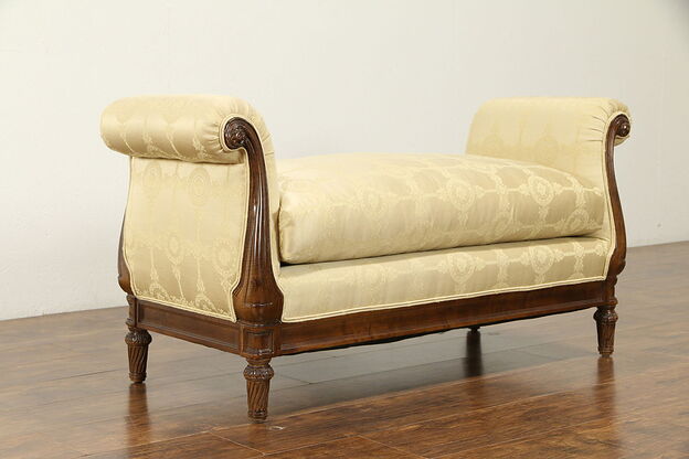 Traditional Carved Fruitwood Bench or Settee With Arms & Cushion #30880 photo