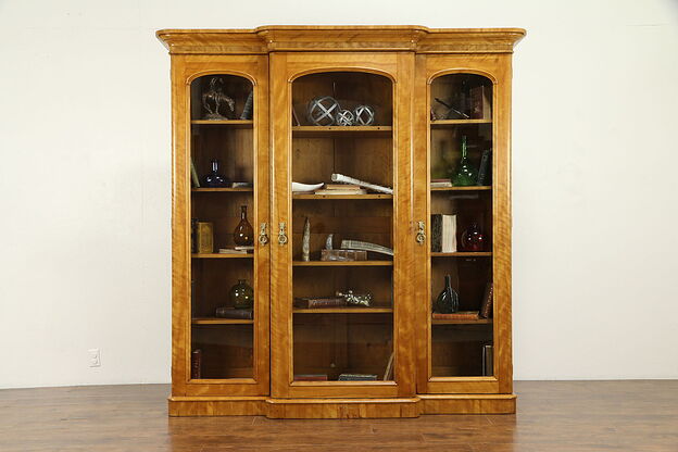 Victorian Antique English 1870 Curly Birch Triple Library Bookcase #31047 photo