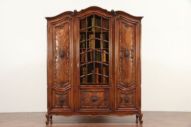Walnut Antique Italian Piedmont Carved Library Bookcase, Stained Glass #29667 photo
