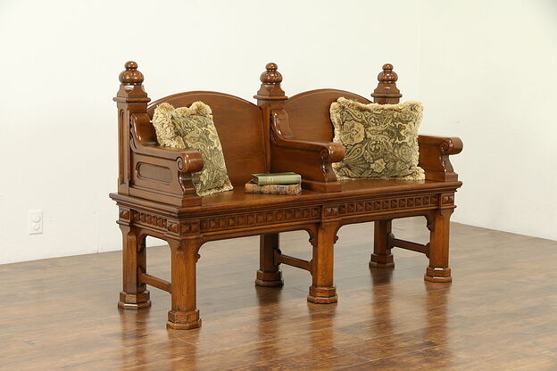 Oak Carved Antique 1890 Double Hall Bench #30835 photo