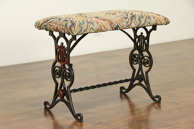 Iron Antique Bench, Hand Painted Lyre Design, New Upholstery #31741 photo