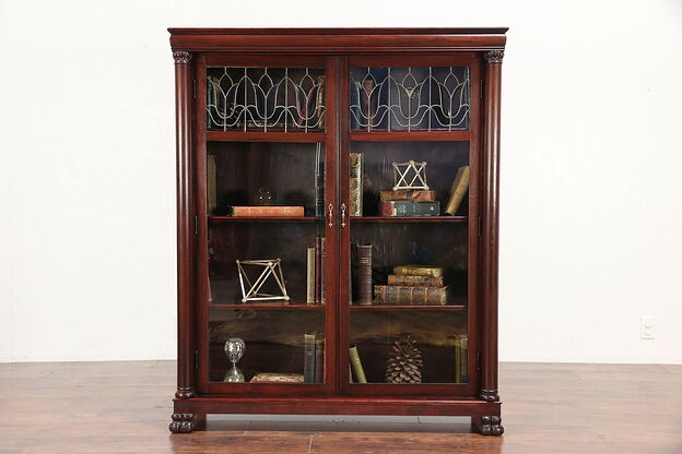 Mahogany Antique Library Bookcase, Leaded Beveled Glass Doors #29997 photo