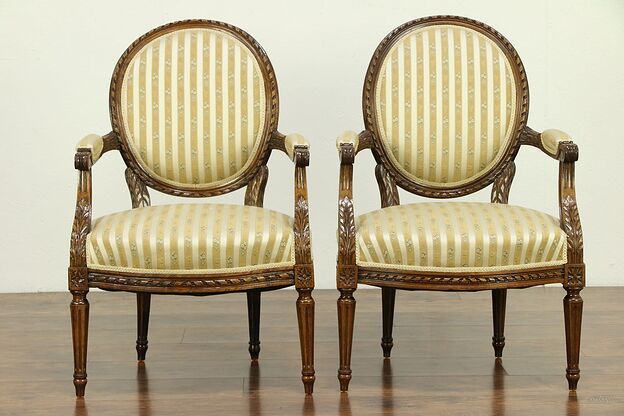 French Louis XVI Antique Pair Carved Fruitwood Armchairs #30630 photo