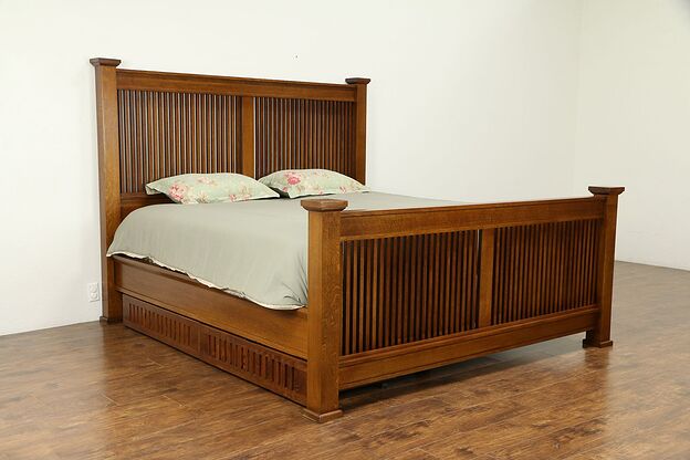Arts & Crafts Vintage King Size Bed, Storage Drawers, Signed Stickley #31220 photo