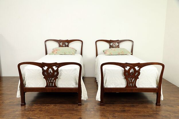 Pair of Traditional Carved Mahogany Vintage Twin or Single Beds #30809 photo