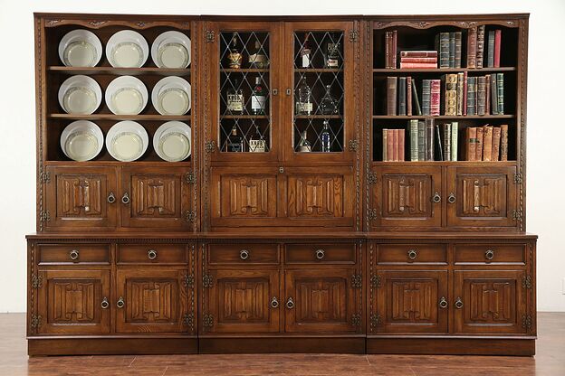 Oak Carved Vintage 9' 4" Modular Library Bookcase, Leaded Glass, England #29319 photo