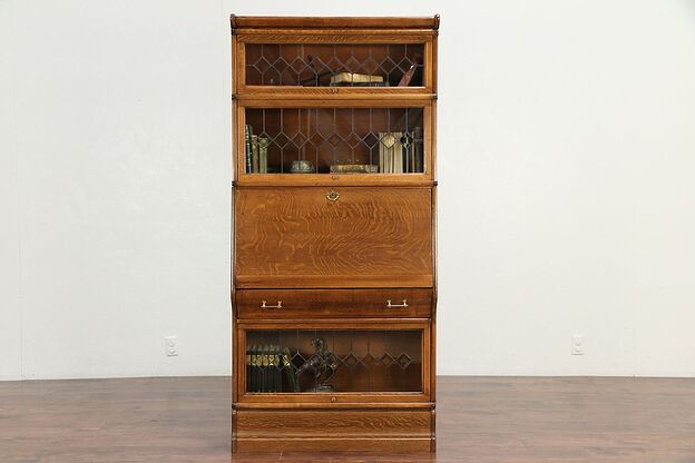 Lawyer Antique Oak Stacking Bookcase & Desk, Leaded Beveled Glass #29950 photo