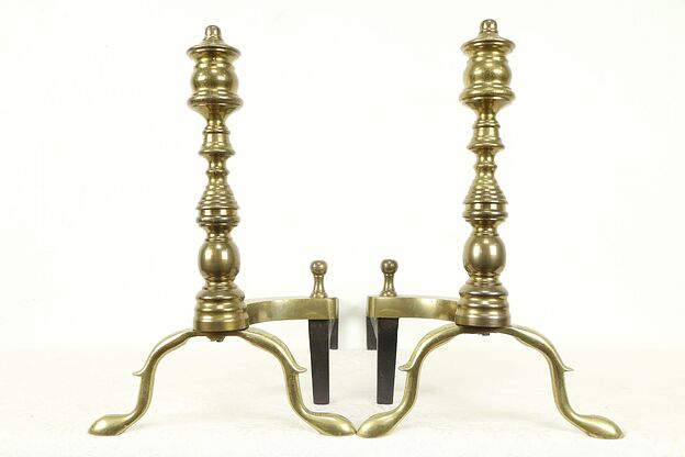 Pair of Vintage Brass Fireplace Andirons, Signed Rostand #30890 photo