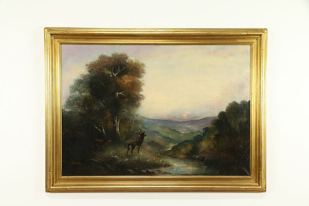 Deer & Sunset Scene Antique Original Oil Painting, Signed E. Sohn #30971 photo
