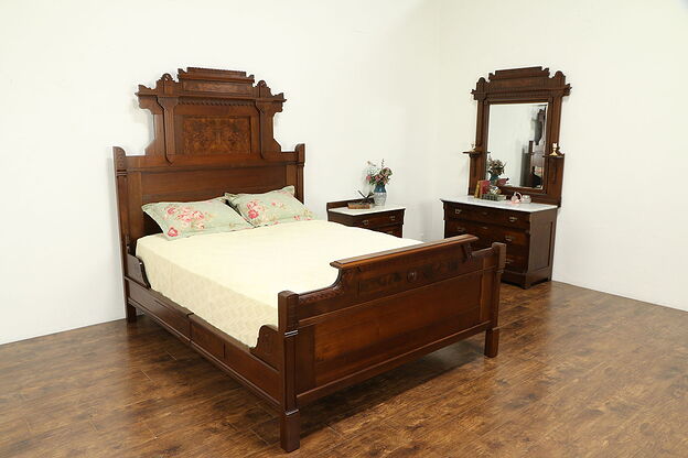 Victorian Eastlake Antique Queen Size 3 Pc Bedroom Set, Marble Tops #31762 photo