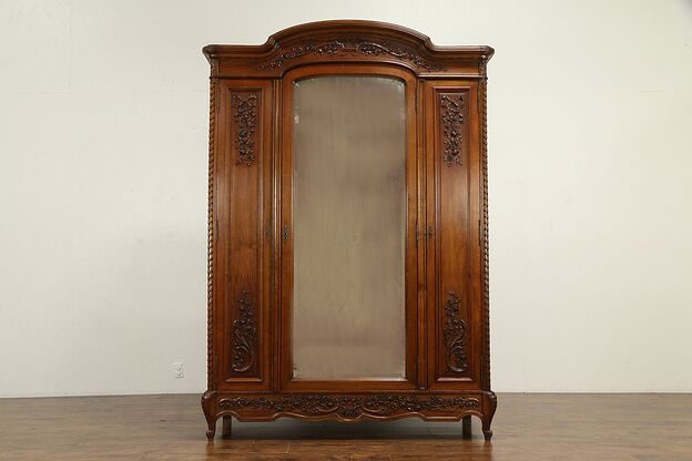 French Antique Hand Carved Walnut Armoire, Wardrobe or Closet, Mirror #31976 photo