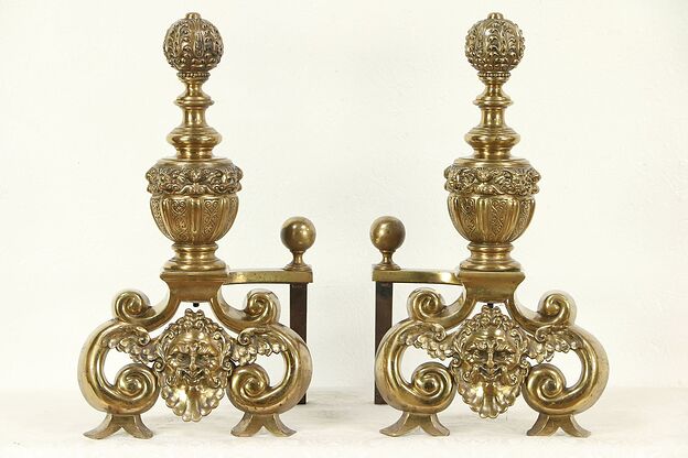 Brass Antique Fireplace Hearth Andirons, Embossed Heads #29469 photo