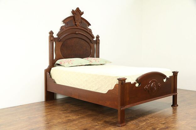 Victorian Carved Walnut & Burl Antique 1870 Queen Size Bed #31000 photo