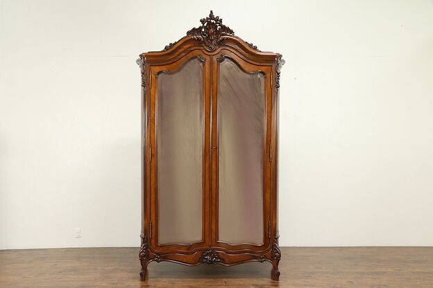French Antique Rosewood Armoire Wardrobe, Beveled Mirrors, Shelves #31390 photo