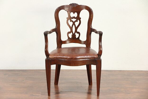 Italian Antique 1840 Desk or Occasional Chair, Carved Walnut #29420 photo