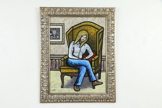 Girl on Orange Chair #2 Original Acrylic Painting, WI Artist Bruce Bodden #30819 photo