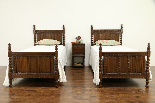 Oak English Tudor Antique Bedroom Set, 2 Single Beds #32149 photo
