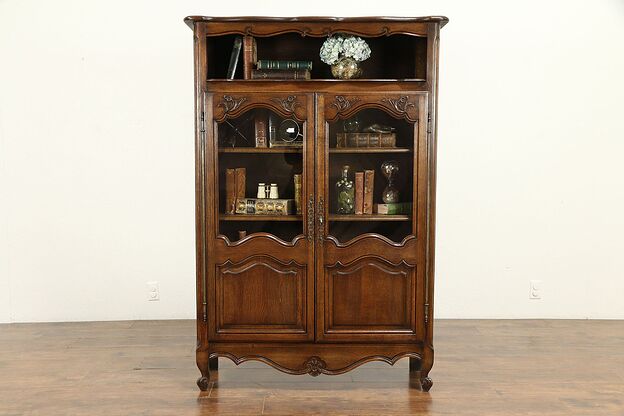 Country French Antique Hand Carved Oak Bookcase or China Cabinet #32256 photo