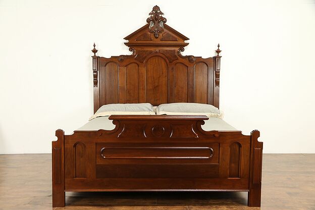 Victorian Antique 1870 Hand Carved Walnut & Burl King Size Bed #32322 photo