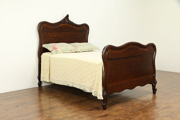 French Quarter Sawn Oak Antique Full Size Bed, Carved Raised Panels #32506 photo