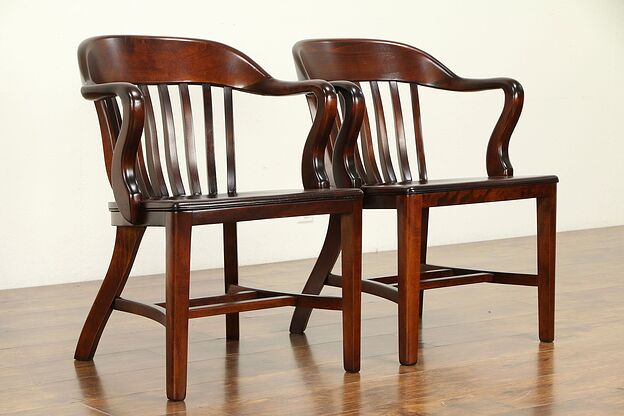 Pair of 1910 Antique Birch Hardwood Banker, Desk or Office Chairs B #32542 photo