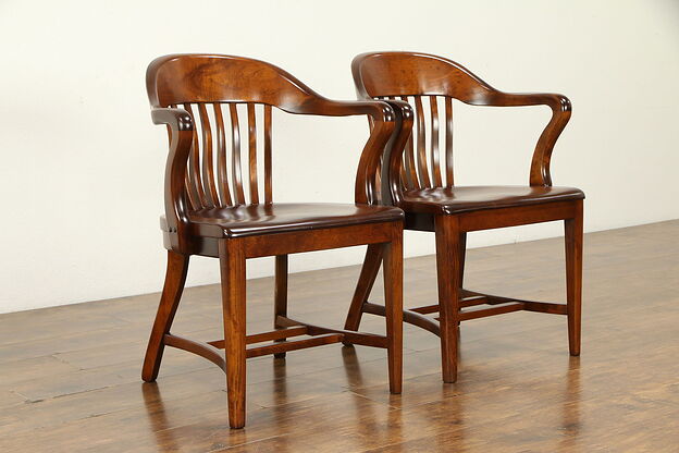 Pair of 1910 Antique Birch Hardwood Banker, Desk or Office Chairs #32549 photo